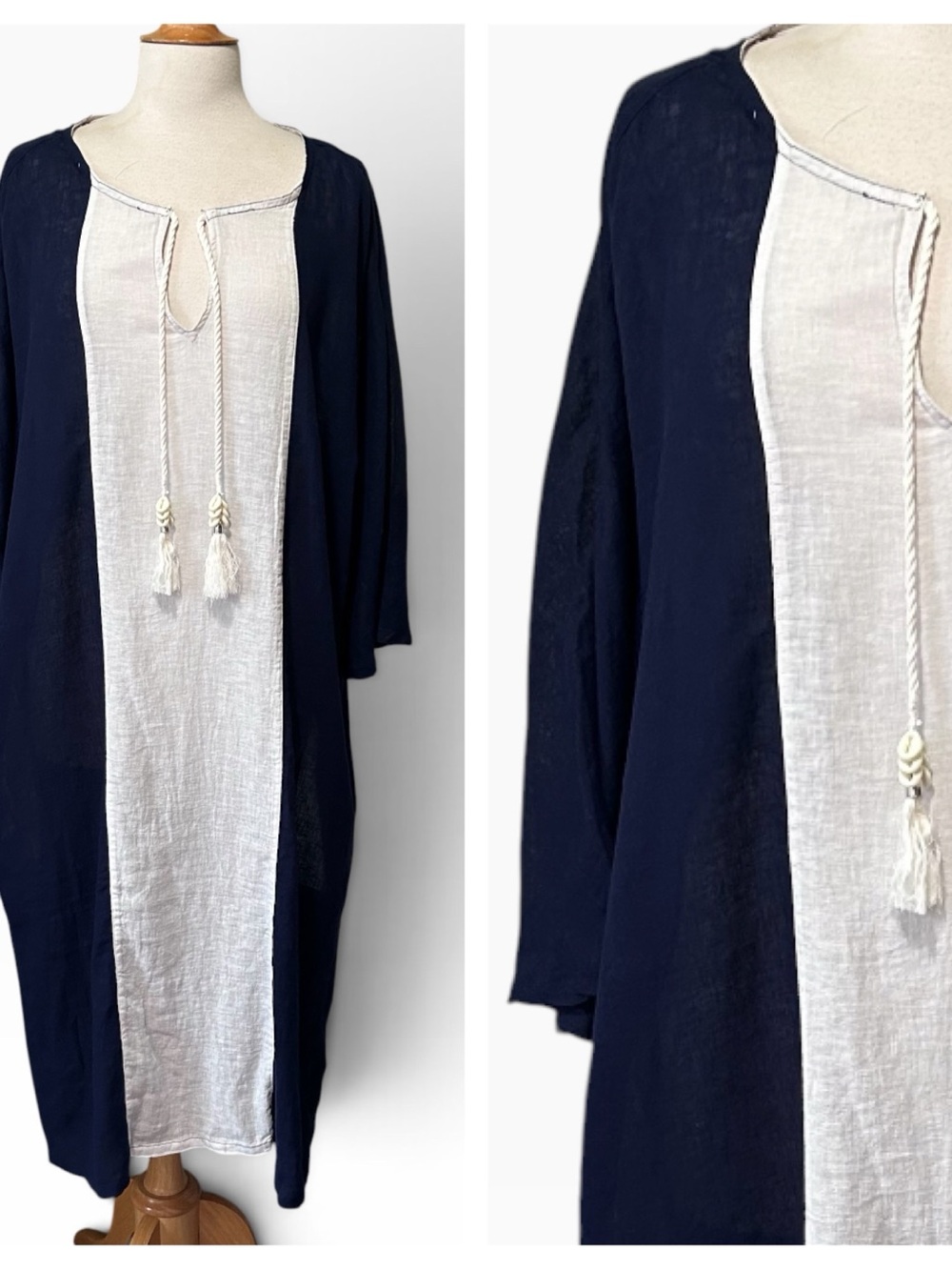 NWT Sigrid Olson Linen Blend Navy & Ivory Tunic Caftan Beach Cover-up - XL - Picture 2 of 10